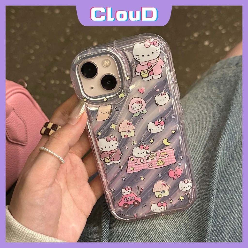 IPHONE Casing Bening Kartu Laser Kompatibel Untuk Iphone7 8 Plus 6 6S 7 8 Plus X XS Max SE 2020xr 11 12 13 14 Pro Max 3D Stereo Corrugation Doodle Kartun Lucu Hello Kitty Pattern Cover