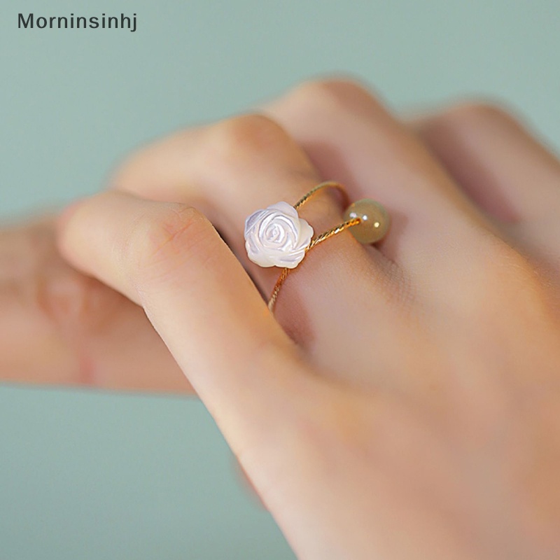 Mornin Vintage Fashion Hotan Jade White Rose Flower Open Rings Untuk Wanita Cincin Yang Dapat Disesuaikan Pesta Pernikahan Perhiasan Hadiah id