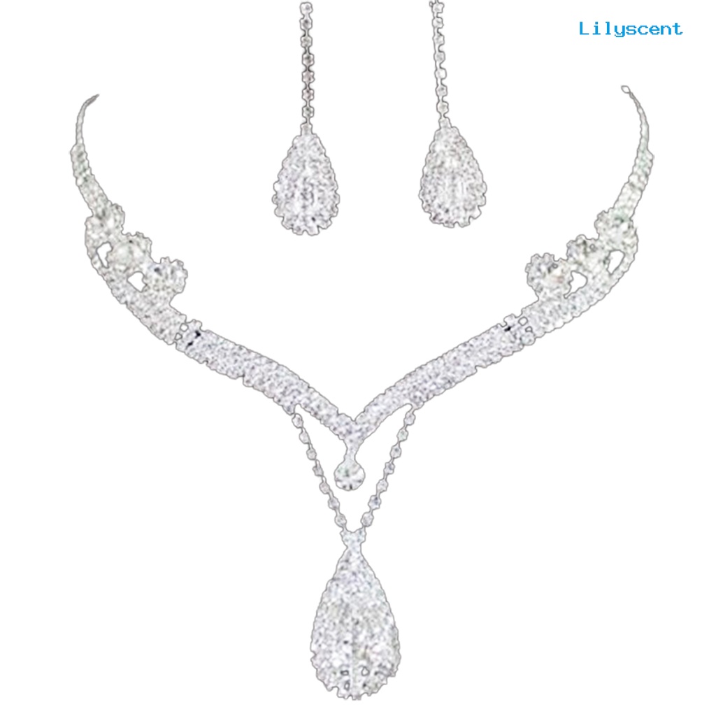 [LS] Water Drop Pendant Charming Indah Berlian Imitasi Berlian Imitasi Tetesan Air Kalung Anting Set Untuk Pesta Prom Pernikahan