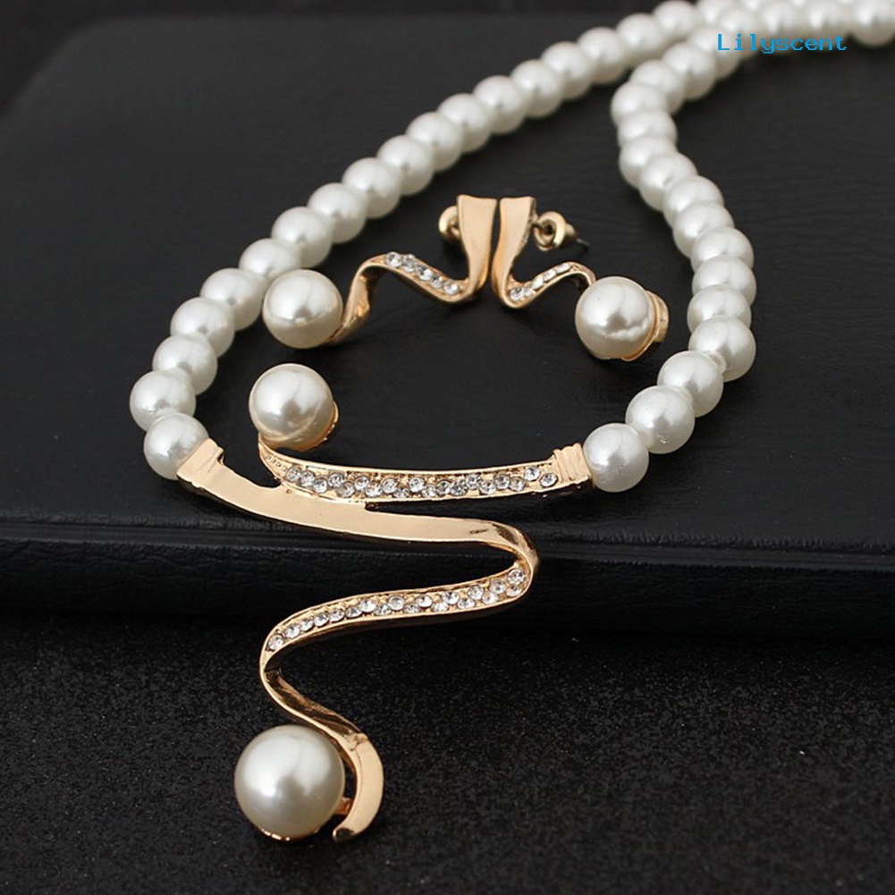 [LS]Rhinestone Faux Pearl Beaded Necklace Stud Earrings Set Perhiasan Pernikahan Pengantin