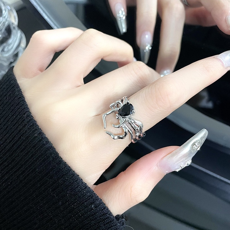 Gothic Gelap Kristal Spider Rings/Retro Punk Spiderweb Finger Ring/Vintage Adjustable Open Ring/Perhiasan Hip Hop Pribadi/Aksesoris Kostum Halloween