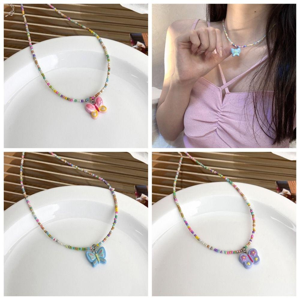 Mxbeauty Kalung Manik-Manik Bohemia Sweet Pink Ungu Dopamin Akrilik Y2K Choker Untuk Wanita