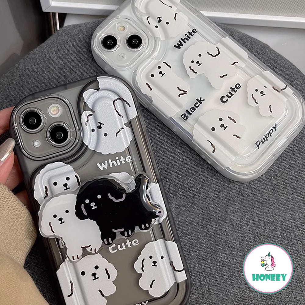 Fashion Hitam Putih Puppy Phone Case Kompatibel Untuk iPhone 14 Pro Max13 12 11 Pro Max Case iPhone 11xr Kartun Berdiri Lembut TPU Penutup Belakang