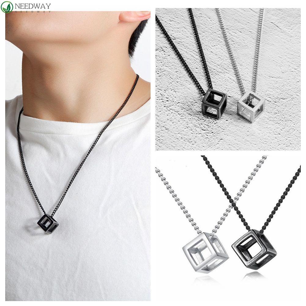 Needway  New Punk Necklace Cool Cube Shape Clavicle Choker Women Men Boy Industrial Style Fashion Jewelry Geometric Hip Hop Men Pendant/Multicolor