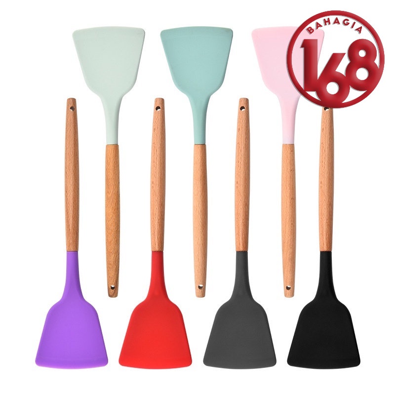Spatula Silicone Utensil Gagang Kayu Tahan Panas / Spatula Silicon / Utensile Turner Sutil Silikon