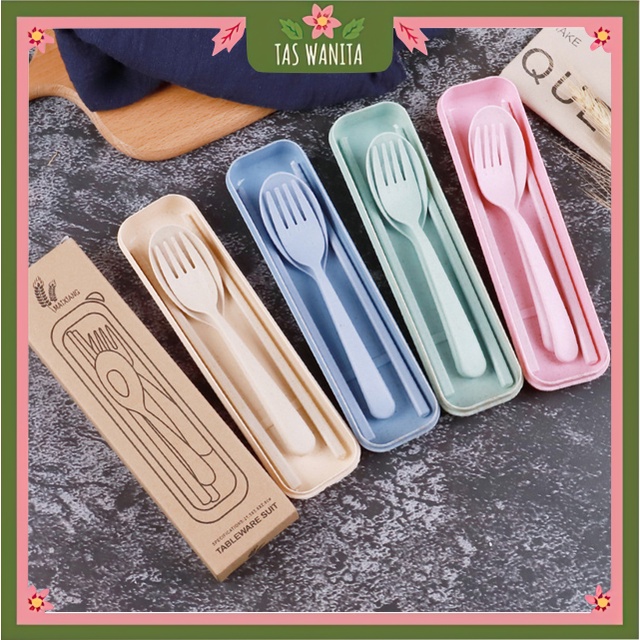 TAS WANITA - D6048 1 Set Makan Import / Alat Makan Set Traveling / Sendok Garpu Set / 3 In 1 / Jeram