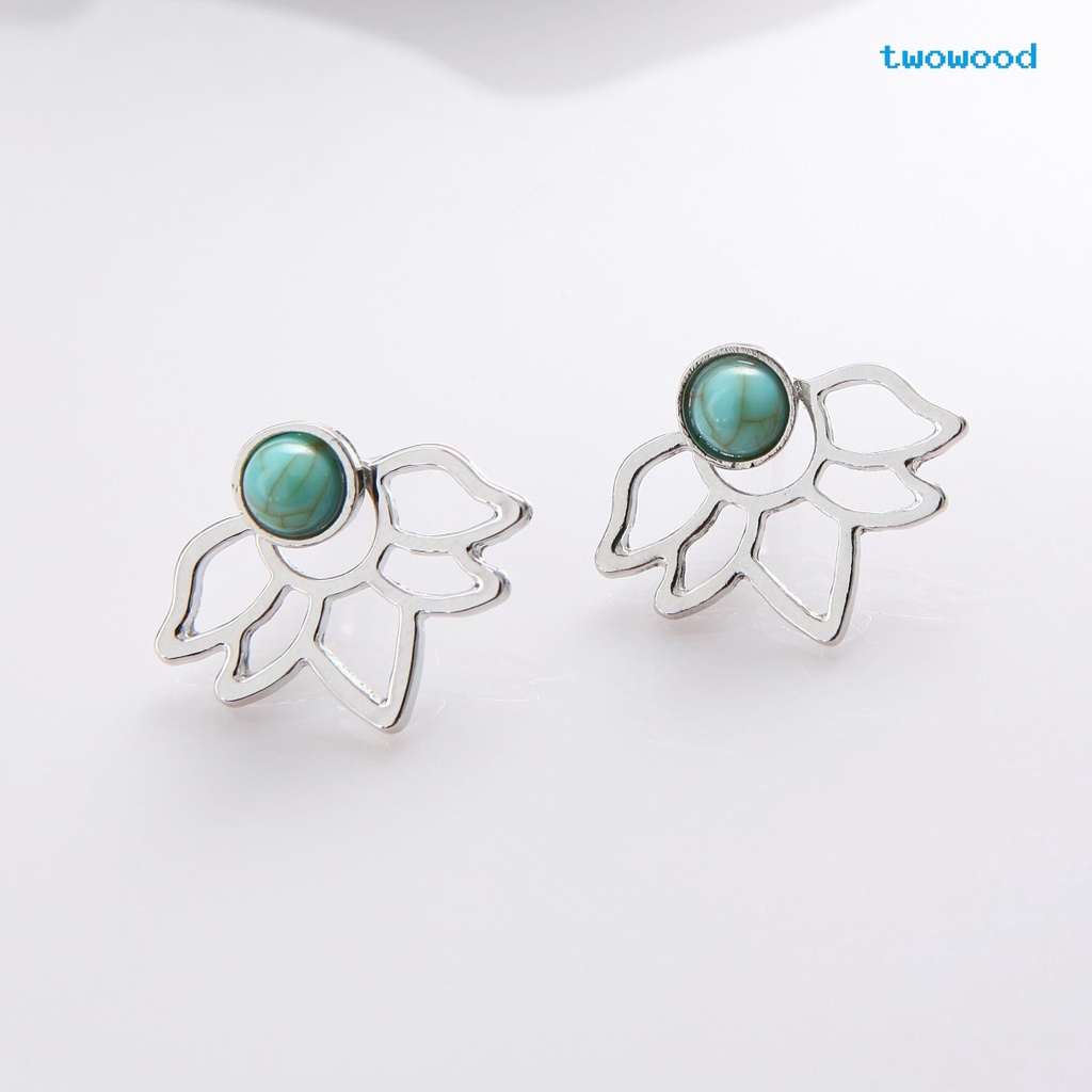 Twowood Eropa Dan Amerika retro turquoise lotus petal Berongga Daun Anting Anting