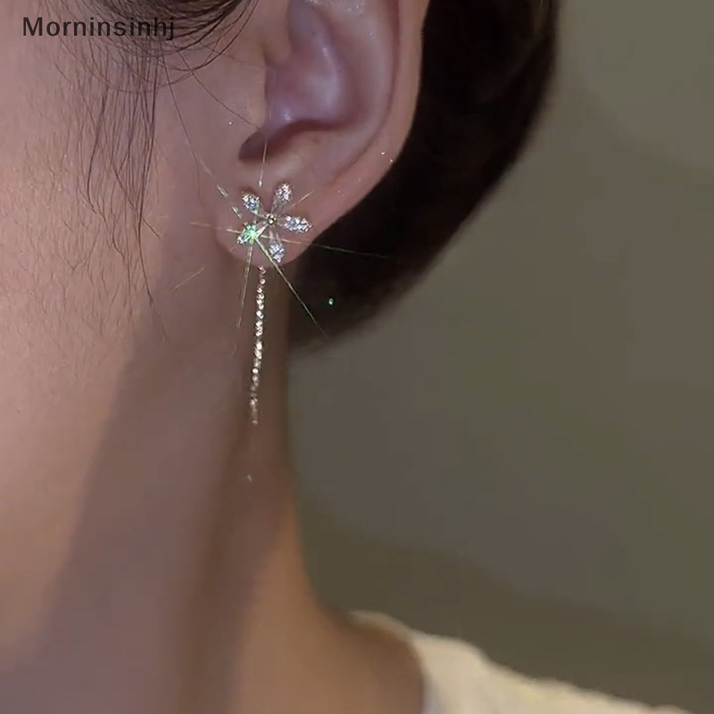 Mornin 1pasang Indah Fashion Zirkon Bersinar Bunga Anting Cahaya Panjang Rumbai Rantai Menjuntai Anting-Anting Bermutu Tinggi Desain Perasaan Ornamen Perhiasan id