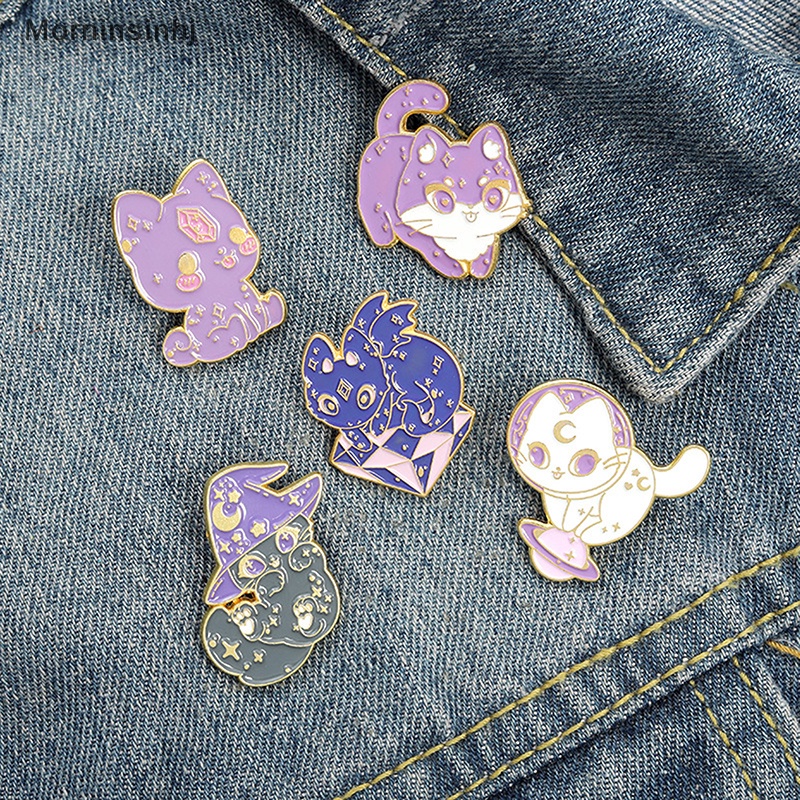 Mornin Bulan Langit Berbintang Kucing Enamel Pin Ungu Topi Penyihir Penyihir Antariksa Kucing Kitten Bros id