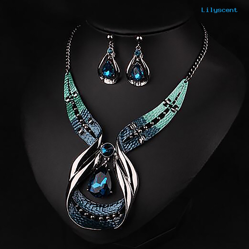 [LS]3Pcs Set Perhiasan Adjustable Hadiah Ulang Tahun Anti Luntur Teardrop Kalung Drop Earrings Set Perhiasan Untuk Pernikahan