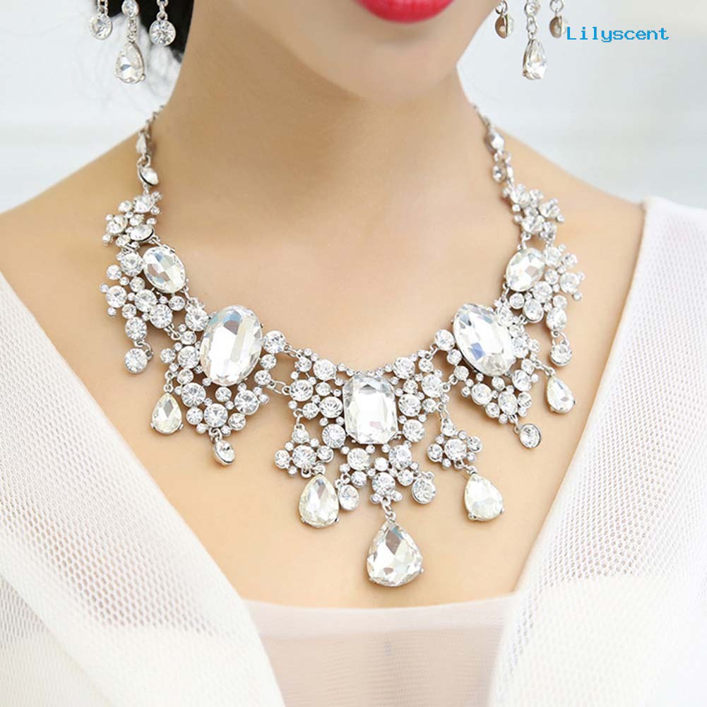 [LS]2Pcs/Set Shiny Full Rhinestone Tassel Bridal Statement Bib Kalung Anting