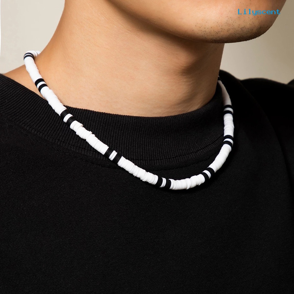 [LS]Men Kalung Hitam Putih Bicolor Polymer Clay Retro Manik-Manik Kasual Bohemia Klavikula Kalung Fashion Perhiasan