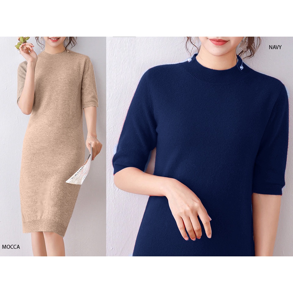 (D101) Slit midi knit loose dress rajut