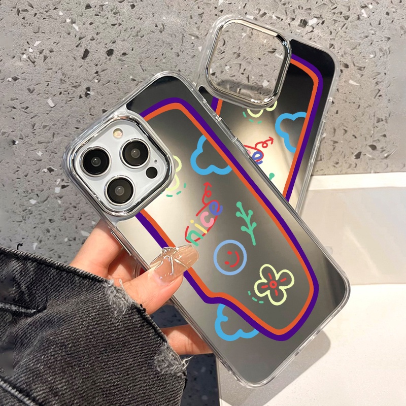 IPHONE Casing Ponsel Cermin Graffiti Kompatibel Untuk Iphone11 12 13 14 12Pro 13Pro 14Pro Pro Max XR X XS Max Electroplating Tombol Perlindungan Mirror Cover