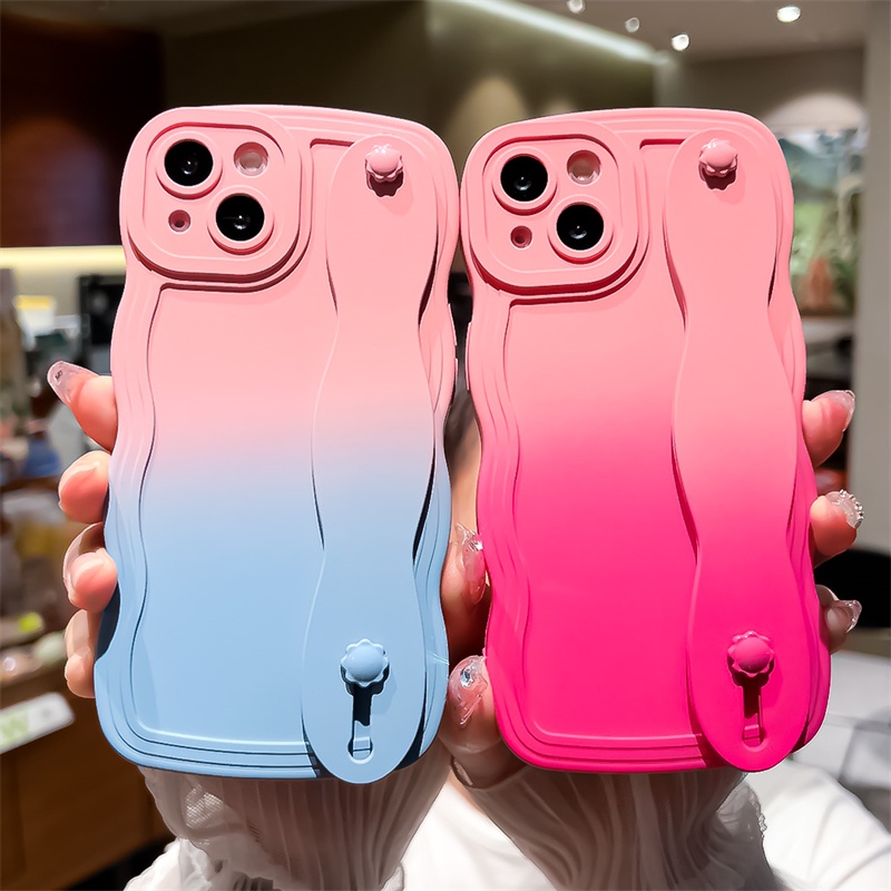 IPHONE Gradient Wristband Silicone Cover Untuk Iphone14 13 12 11 Pro X XS Max XR 7 8 14 Plus Frosted Casing Pelindung Kontras Berdiri Soft Case