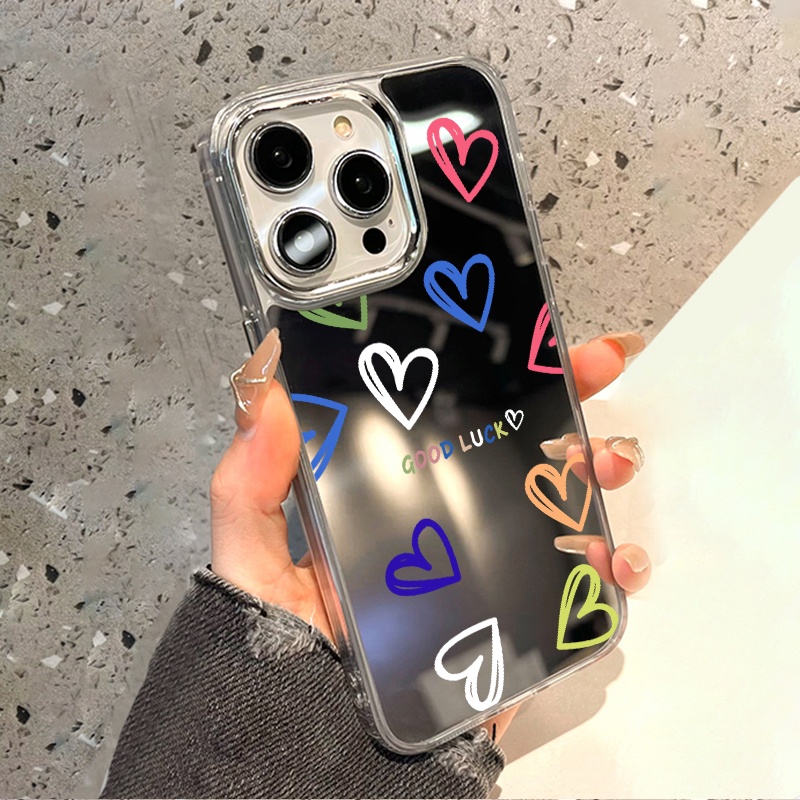 IPHONE Casing Ponsel Cermin Hati Warna-Warni Kompatibel Untuk Iphone11 12 13 14 12Pro 13Pro 14Pro Pro Max XR X XS Max Electroplating Tombol Perlindungan Mirror Cover