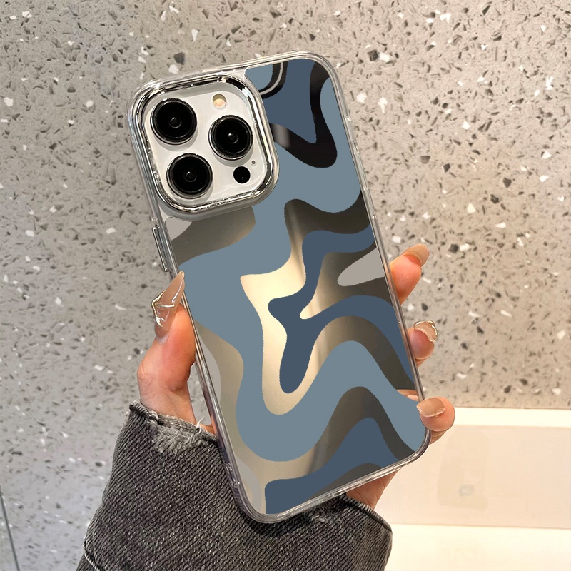 IPHONE Art Abu-Abu Biru Lukisan Cermin Ponsel Case Kompatibel Untuk Iphone11 12 13 14 12Pro 13Pro 14Pro Pro Max XR X XS Max Electroplating Tombol Perlindungan Mirror Cover