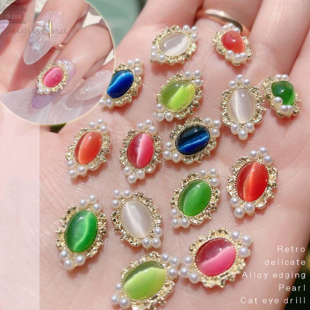 AUGUSTINA Agustina Opal Kuku Rhinestones Mutiara Imitasi Fashion Dekorasi Kuku Manicure Cat Eye Nail Stones Frame Nail Ornaments