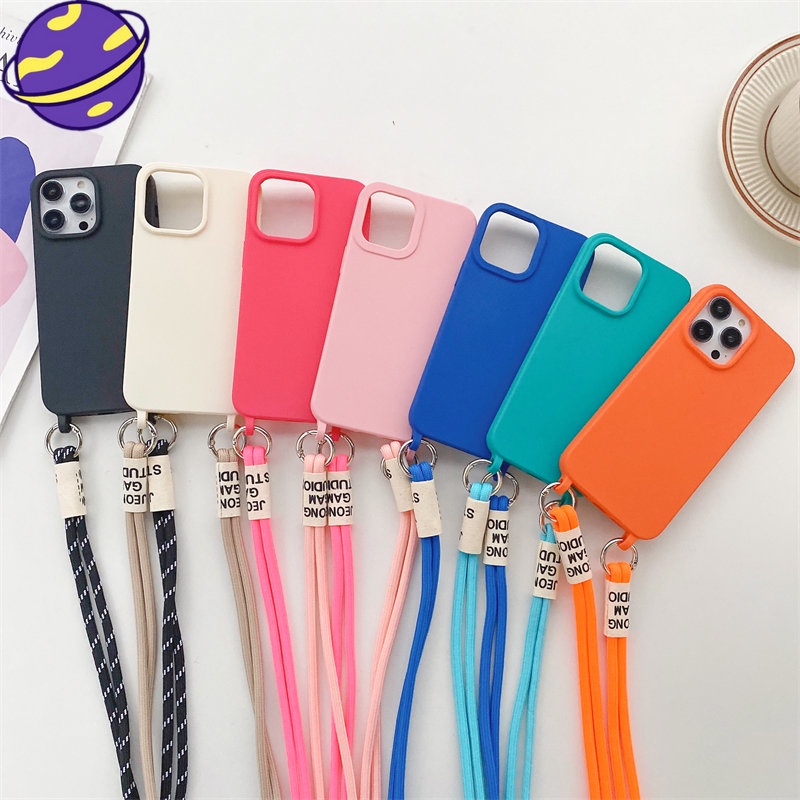 IPHONE Menebal Silikon Anti Rontok Lanyard Cover Cocok Untuk Iphone14 13 12 11 Pro X XS Max XR 78 14 Plus Matte Casing Pelindung Tali Diagonal Soft Case