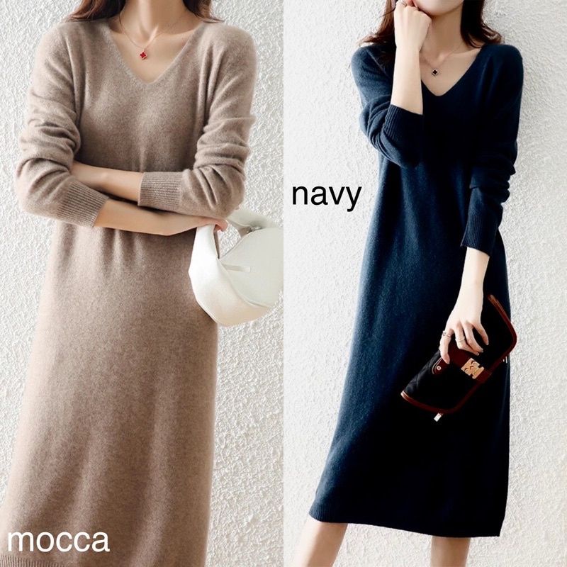 (D109) v neck knit midi dress wanita rajut / dress formal casual knit