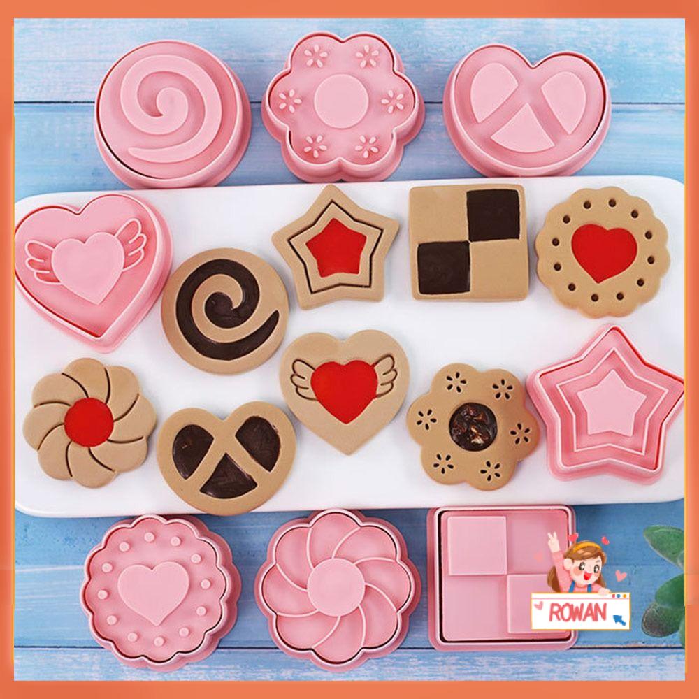 R-FLOWER 8pcs/set Hari Valentine Kue Kering Dekorasi Makanan Fondant Cinta Hati Bunga Mawar Plunger Plastik 3D Cookie Cutter