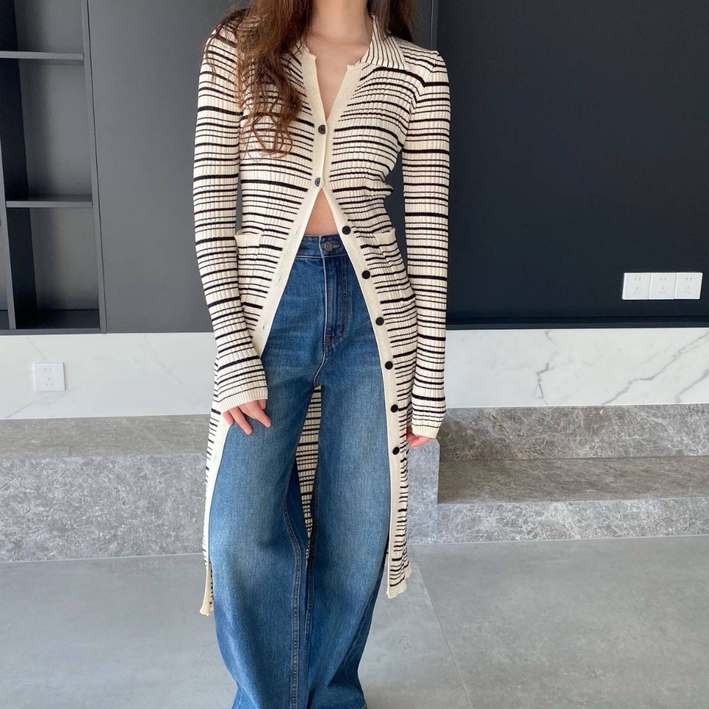 DRESS RAJUT GARIS TANGAN PANJANG KERAH POLO BELAH DEPAN FULL KANCING TWIN POCKET DEPAN PREMIUM TERUS