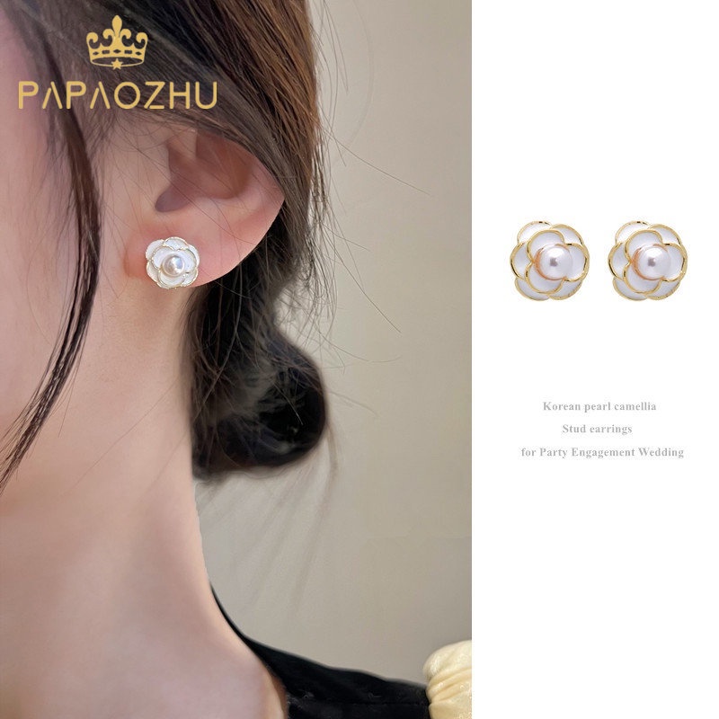 Papaozhu Korea Mutiara Camellia Stud Anting Untuk Wanita Gadis Manis Pernikahan Bunga Putih Anting Fashion Telinga Perhiasan Hadiah