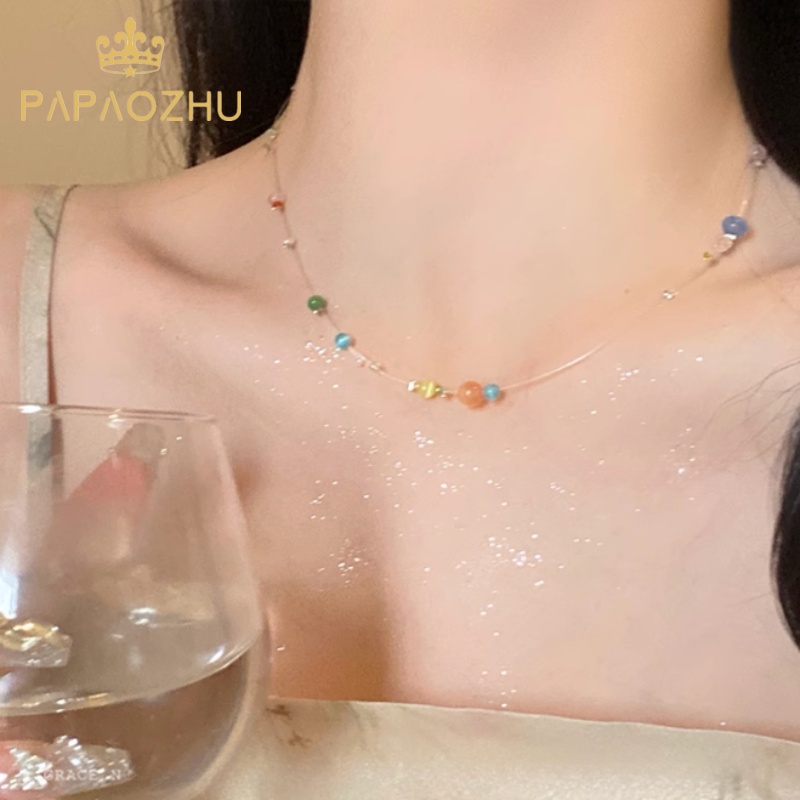 Papaozhu Korea Energik Lucu Warna-Warni Opal Beads Choker Kalung Untuk Wanita Gadis Di Liburan Pantai Trendi Pelangi Pesona Kalung Fashion Tulang Selangka Rantai Perhiasan