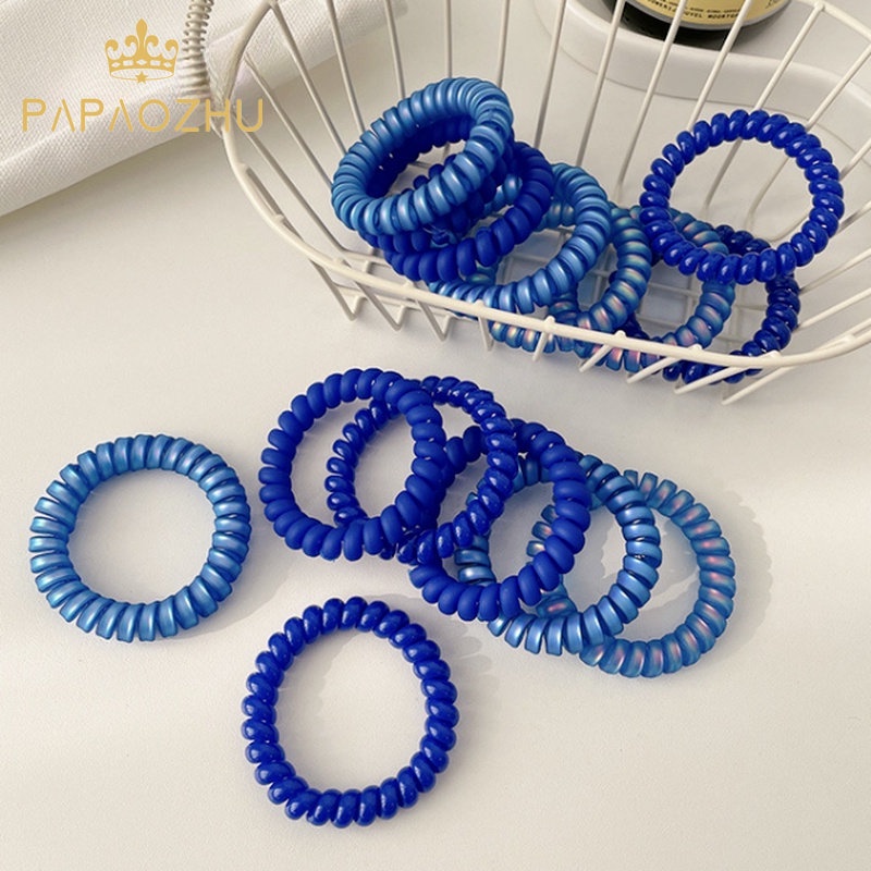 Papaozhu Korea Klein Biru Ikat Rambut Kawat Telepon Elastis Tinggi Spiral Coil Hair Bands Untuk Wanita Perempuan