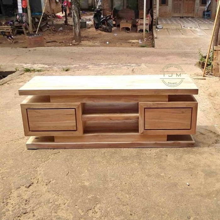 Rak Lemari Tv Minimalis Meja Bufet Tv Kayu Jati Model Kaca Mata Murah - BELUM WARNA