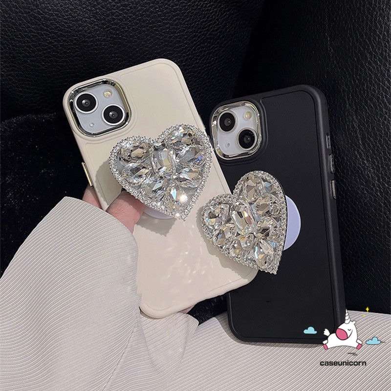 Casing Ponsel Bingkai Lensa Logam Plating Sederhana Kompatibel Untuk IPhone 7plus XR X11 13 14 12 11 Pro Max7 8 Plus XS MAX Mewah Warna Macaron Cinta Hati Berlian Holder Bracket Soft Cover