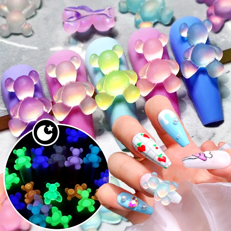 [Unggulan] Glow In The Dark Kawaii Bear Nails Art Decoration/3D Candy Bear Luminous Nail Art Rhinestone/Hiasan Hias Kuku Bercahaya/Manicure Decor DIY Aksesoris