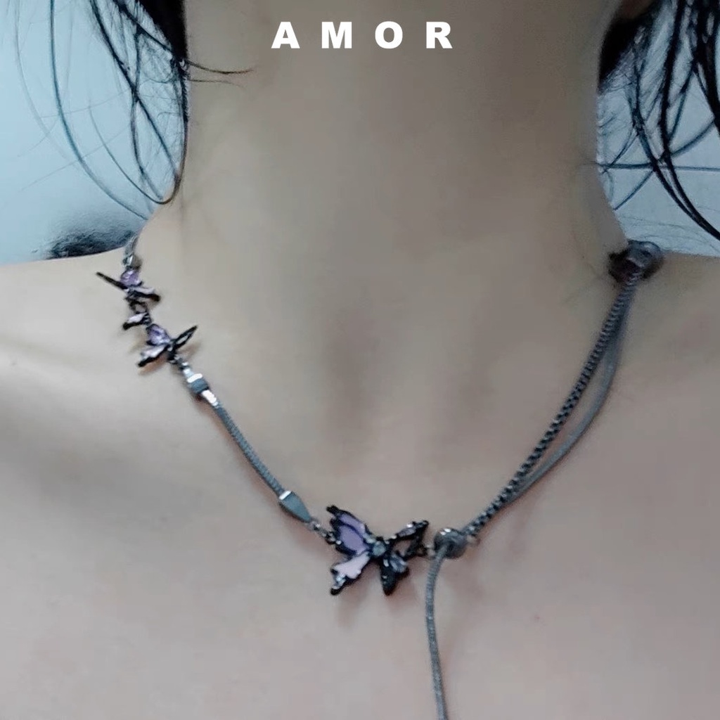 Y2k Vintage Butterfly Pendant Zircon Kalung Untuk Wanita Pengpunk Keren Mewah Kerah Rantai Panjang Adjustable