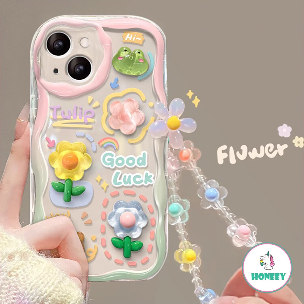 IPHONE Korea 3D Beruang Kelinci Bunga Telepon Rantai Lanyard Bening Soft Case Untuk Iphone11 14 Pro Max12 13 Pro Max Mewah Lucu Penutup Belakang