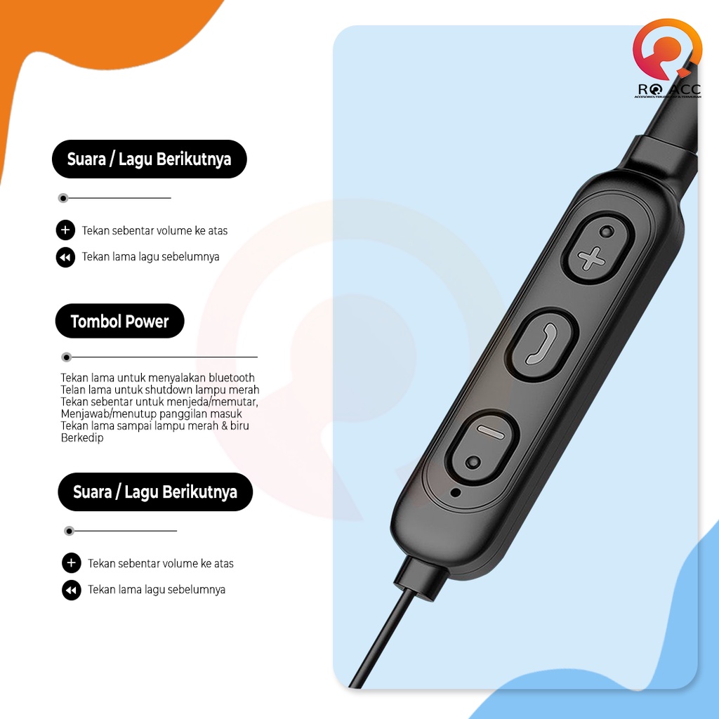 [RO ACC] NECKBAND HEADSET EARPHONE MEGABASS STEREO BLUETOOTH ALL TIPE HP