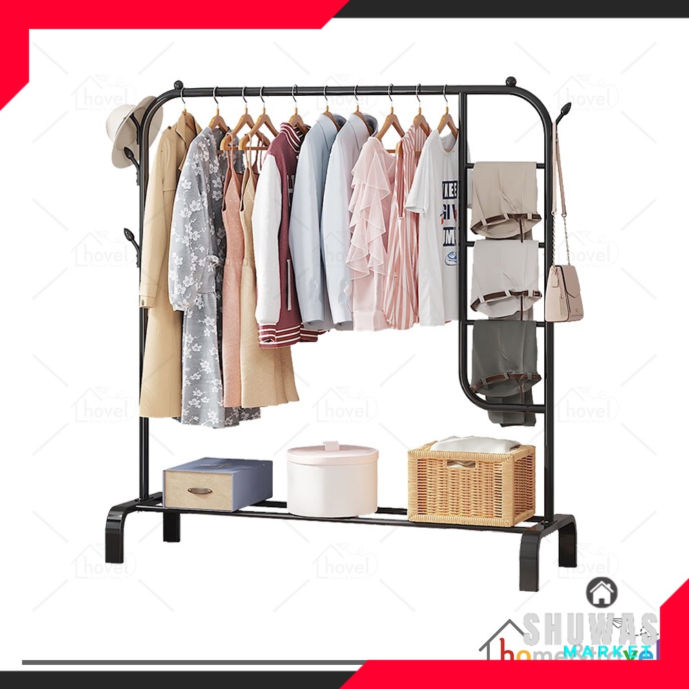 SHUWAS  Rak Baju Jilbab Tas Sepatu Full Besi Kuat Hitam Putih Stand Clothes Multifungsi