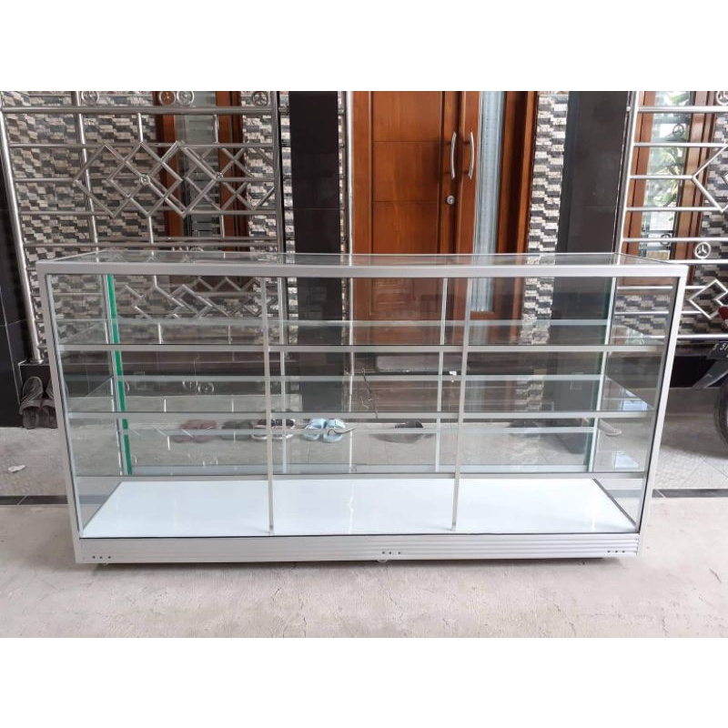 ETALASE 2 METER RAK JUALAN TEMPAT BARANG KONTER MULTIFUNGSI SERBAGUNA SUSUN 4 RODA LEMARI KACA CERMI