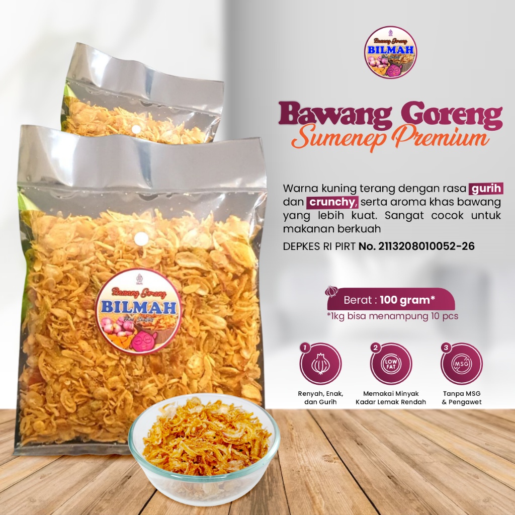 

Bilmah Bawang Goreng Asli Sumenep Premium Kemasan Plastik 100 Gram