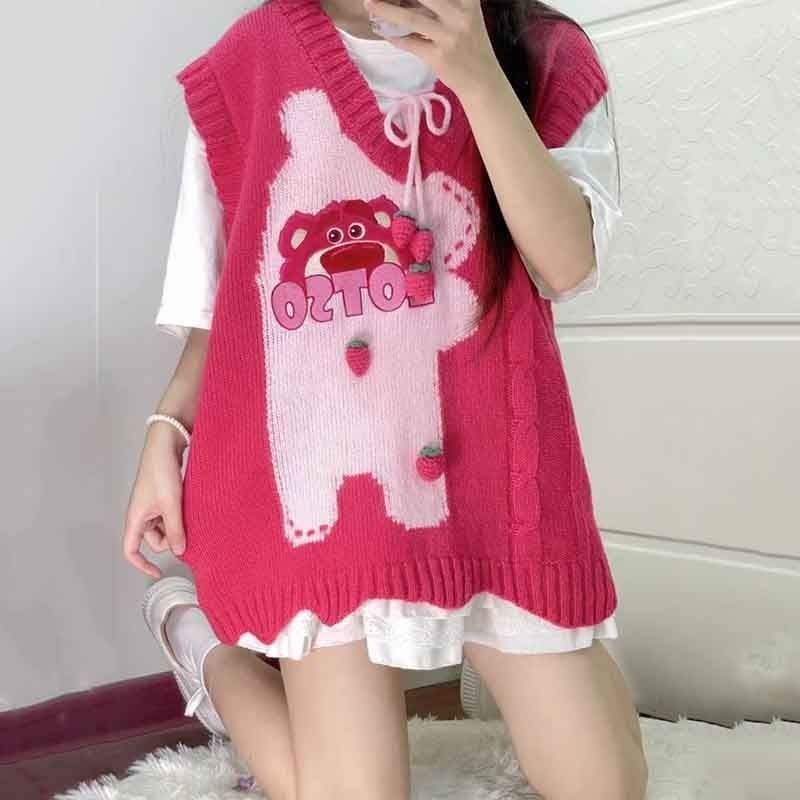 New Sweet Academy Style Strawberry Bear Knit Vest Loose Versatile Age Reducing Sleeveless Sweater