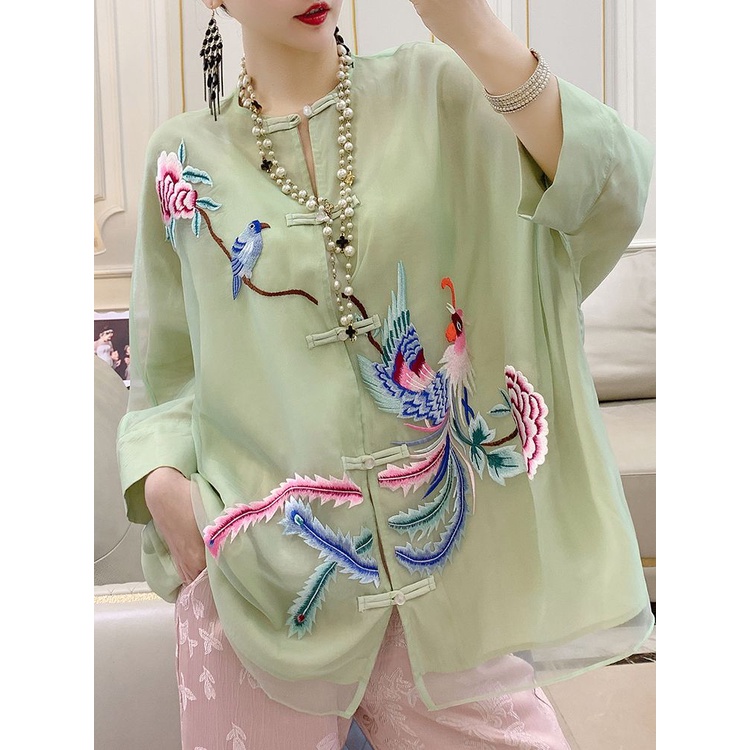 Women's Organza Embroidered Round Neck Chinese Set