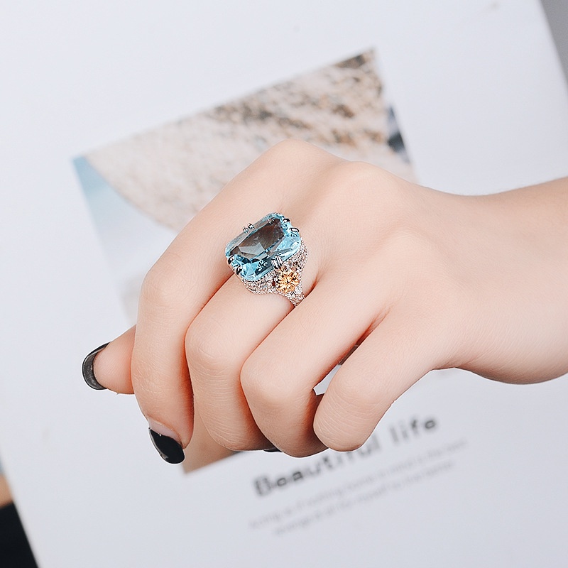 Goldkingdom Fashion Perhiasan Aksesoris Ready Stock Baru Biru Navy Murah Hati Berlian Putri Cincin Wanita Eropa Dan Amerika Warna Emas Pemisahan Bunga Cincin