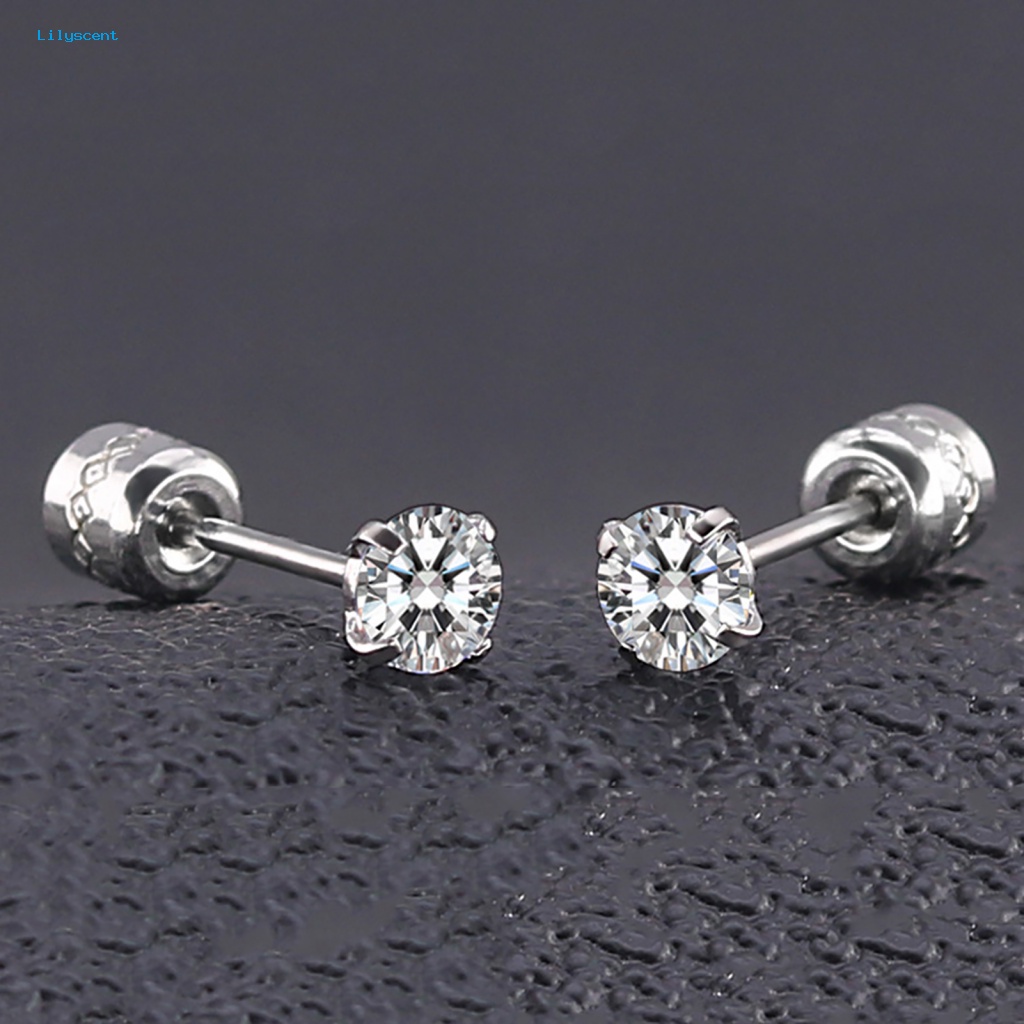 Lilyscent Anting Kubik Bulat Untuk Pria Round Cubic Zirconia Titanium Steel Studs Desain Klasik