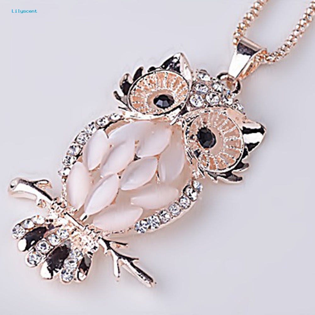 Lilyscent Elegan Wanita Berlian Imitasi Imitasi Opal Inlay Owl Pendant Kalung Pesta Perhiasan