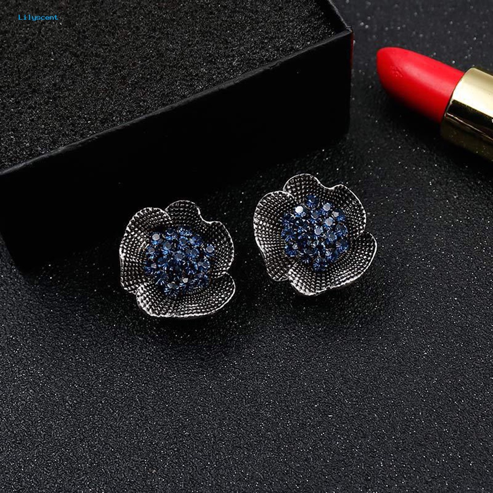 Lilyscent Vintage Wanita Berlian Imitasi Hias Bunga Mawar Bentuk Stud Earrings Perhiasan Hadiah