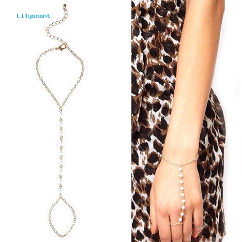 Lilyscent Wanita/'s Fashion Faux Pearl Gelang Link Jari Cincin Tangan Rantai Harness Perhiasan