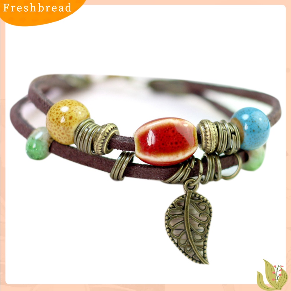 &lt; Freshbread &gt; Bohemian Wanita Double Layer Leaf Charm Ceramics Beads Gelang Tali Kulit Imitasi