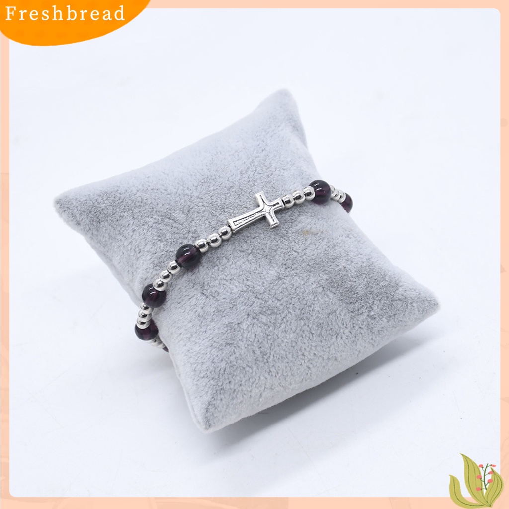 &lt; Freshbread &gt; Wanita Gelang Salib Kudus Elegan Dainty Elastis Festival Hadiah Warna Ungu Perak Manik-Manik Rosario Gelang Fashion Perhiasan