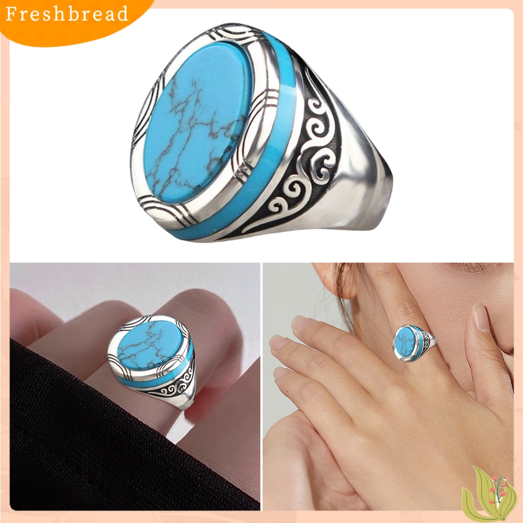 &lt; Freshbread &gt; Electroplating Polishing Lebar Pria Cincin Punk Retro Pola Ukir Faux Turquoise Ring Perhiasan Aksesoris