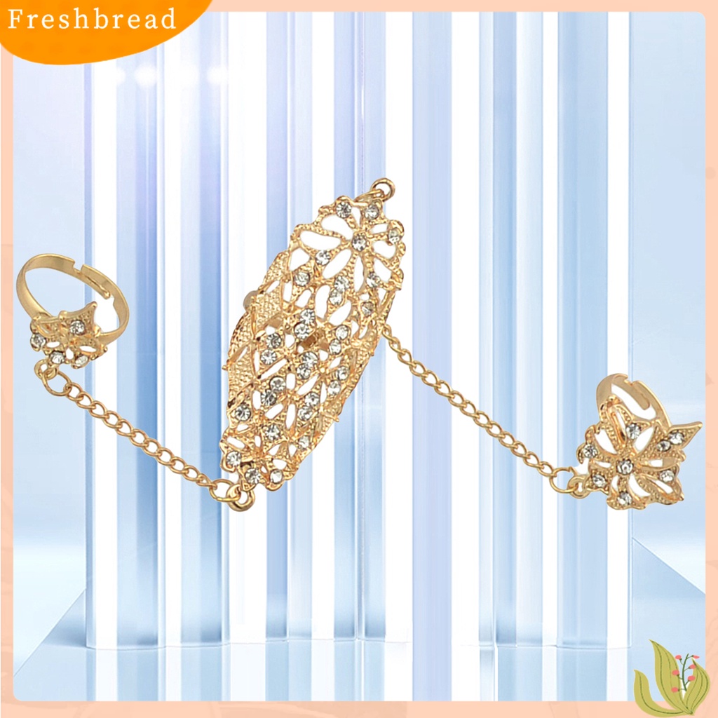 &lt; Freshbread &gt; Opening Ring Berlian Imitasi Tertanam Alloy Warna Emas Berlubang-out Leaf Dual Finger Chain Ring Untuk Pacaran