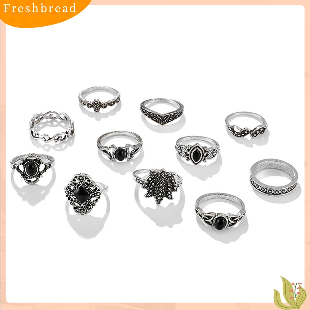 &lt; Freshbread &gt; 11Pcs Wanita Faux Gemstone Ukiran Hollow Waterdrop Lotus Finger Rings Perhiasan